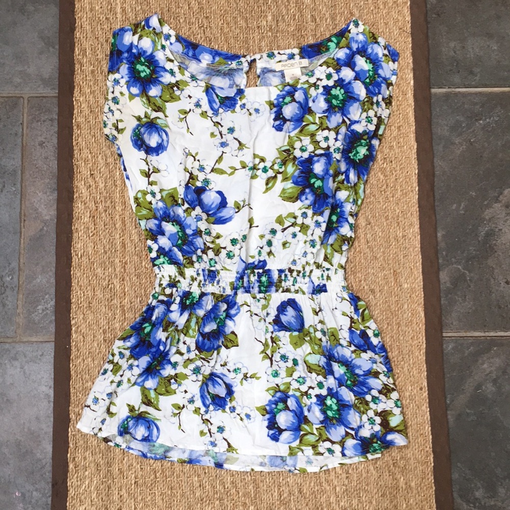 White floral top.
